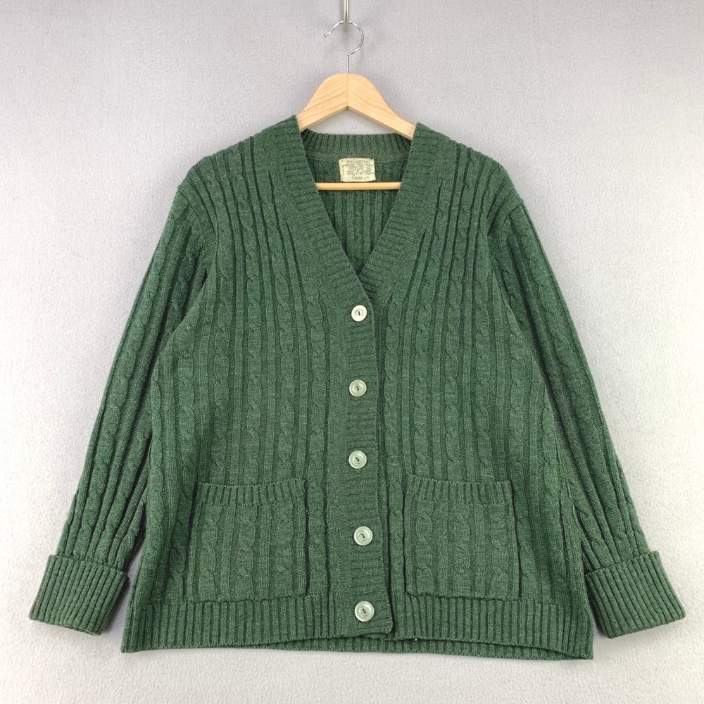 VTG 70s Sears Cable Knit Cardigan Sweater Women M Green Pockets Button Front